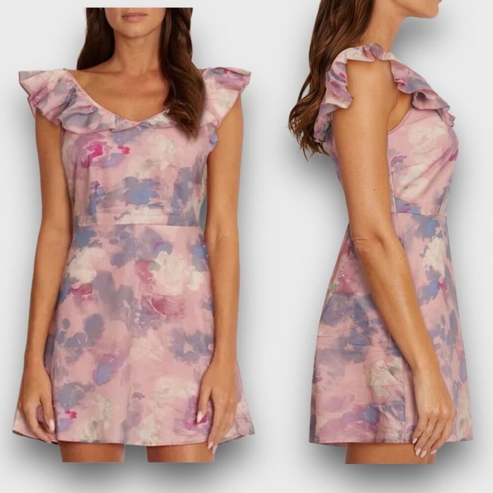 Wildfox NWOT Blair Deep V Ruffle Soft Abstract Watercolor Dress - M - Picture 2 of 12